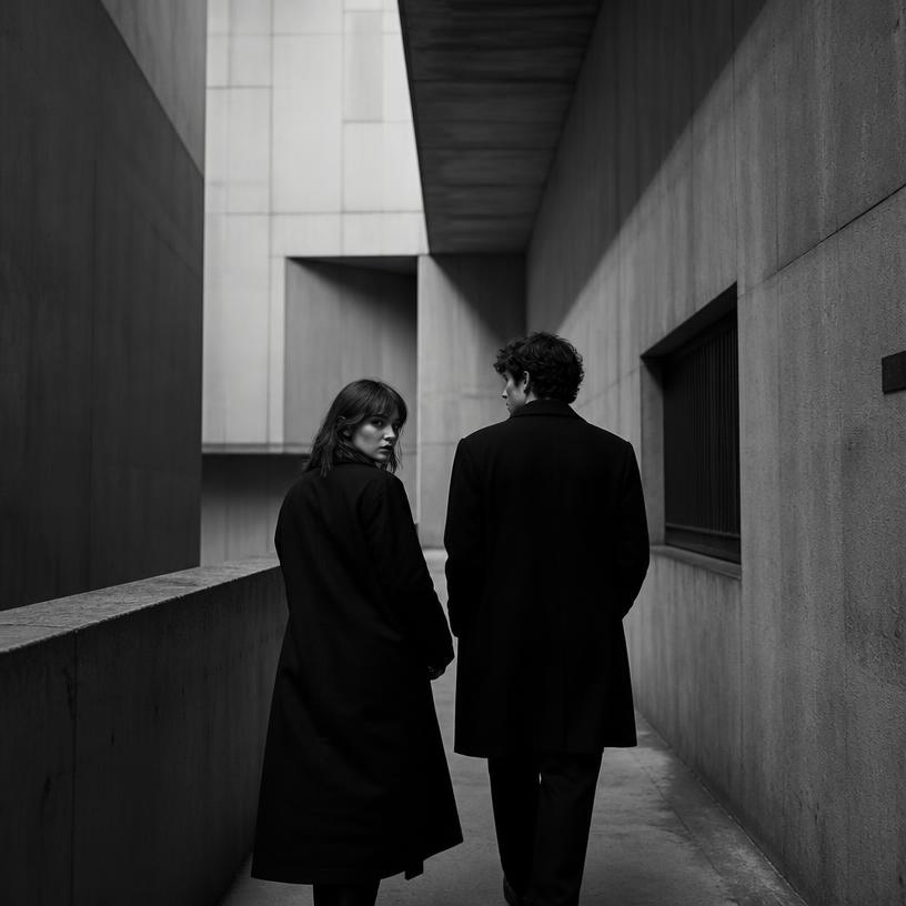 Couple walking through a brutalist concrete hallway